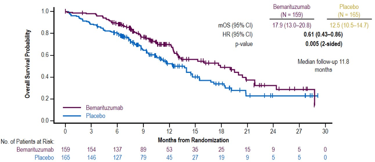 Abbildung 1: Mittleres Gesamtüberleben für Bemarituzumab vs. Placebo in Monaten.